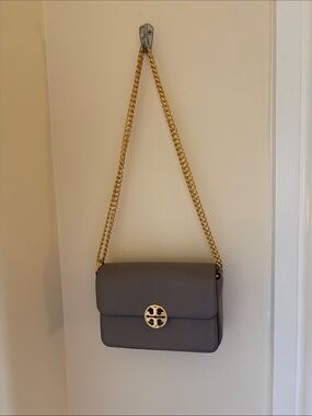 Gray Leather Chain Shoulder Bag with Gold Hardware